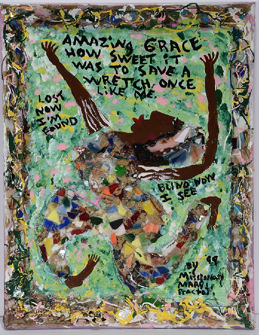 Mary Proctor. Amazing Grace.: ﻿Mary Proctor. Amazing Grace. 1999. Signed. Dated and titled. Paint and mixed media on board. Excellent condition. 20” w x 26” h. Est. $200-300. Ship: $55