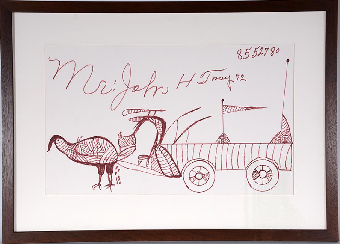 John Toney. Ostrich Pulling Cart.: ﻿John Toney. Ostrich Pulling Cart. Signed. Marker on poster. Size with frame is 29” w x 21” h. Est. $100-200. Ship: $55