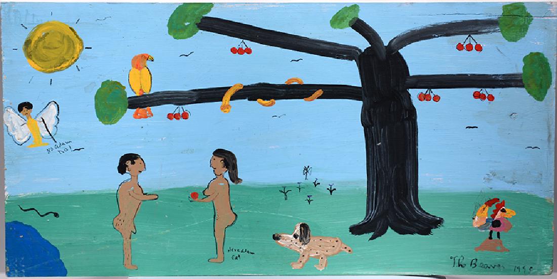 Robin ‘The Beaver’ Beverland. Adam: ﻿Robin ‘The Beaver’ Beverland. Dbl-sided Adam & Eve. 1995. Signed, dated and titled. Paint on board. Excellent condition. 48” w x 24” h. Est. $200-300. Ship: $100