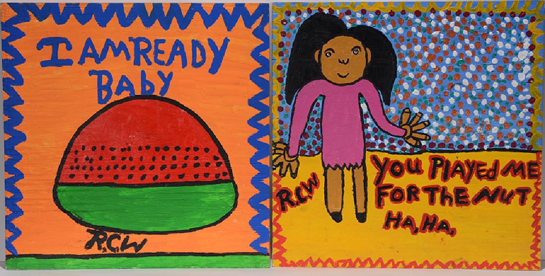 Ruby Williams. I Am Ready Baby & You Played Me.: ﻿Ruby Williams. I Am Ready Baby & You Played Me. Initialed. Not dated. Paint on board. Great condition. Each is 24” x 24”. Est. $200-300. Ship: $55