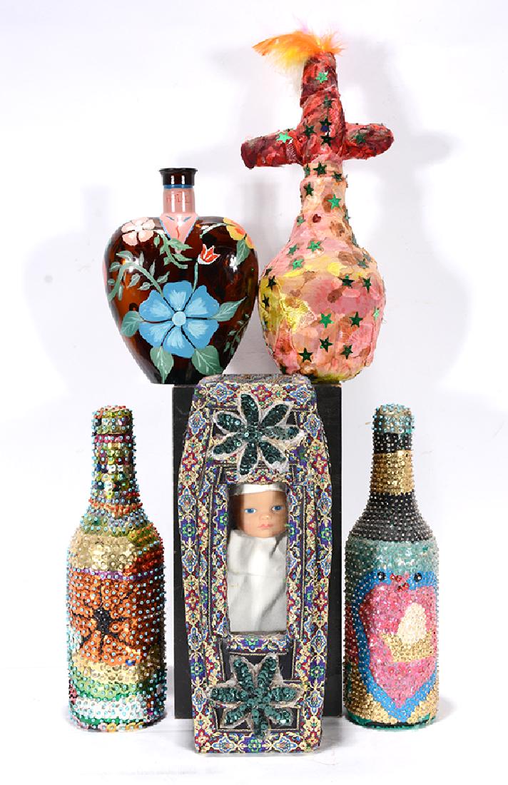 Haitian Voodoo Bottles, Sequins Bottles & Baby: ﻿Haitian Voodoo Bottles, Sequins Bottles and Baby In Coffin. c. 1980’s. Not signed. Mixed media. Great condition. Tallest is 12” h. Est. $300-500. Ship: $65