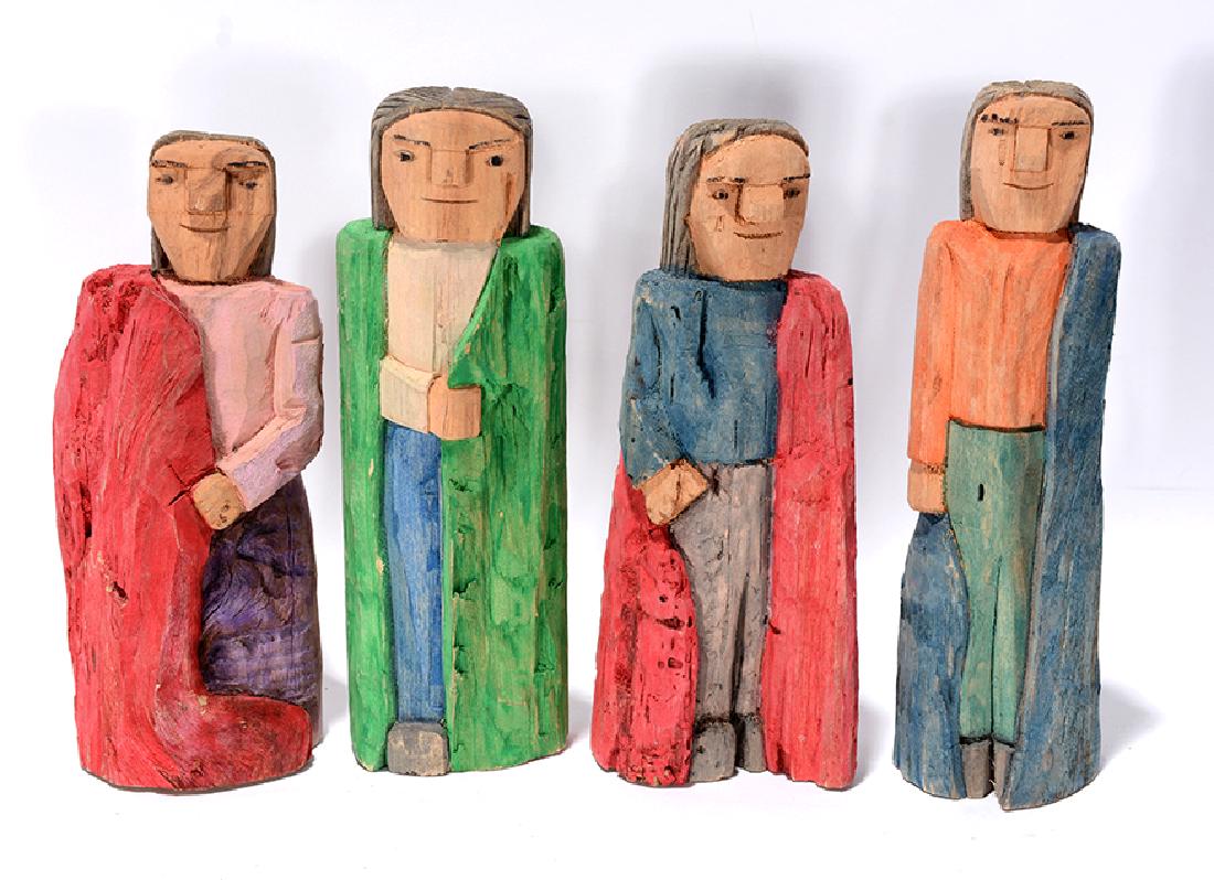 Larry Wilson, Jr. Four Navajo Figures.: ﻿Larry Wilson, Jr. Four Navajo Figures. 1980. Signed and dated. Carved and painted wood. Excellent condition. Average size is 8” h. Est. $100-200. Ship: $35