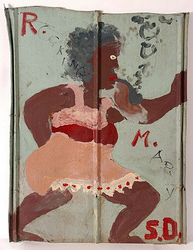 Sam Doyle Rocking Mary.: Paint on roofing tin. Very good condition. Provenance: Fleisher Ollman Gallery. Signed, "S.D." 24" x 33". Est. $5,000 - $8,000. Ship: $40