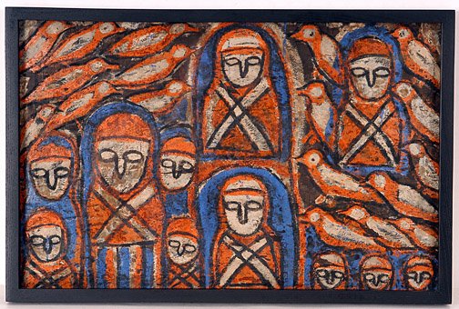 Michel Nedjar Blue and Orange Birds and Figures: French. c. 1987. Mixed media on paper. 22.5" w x 14.5" h. Frame is 23.5" h x 15.5" h. Provenance: Gallery St. Etienne, NY. Est. $2,000 - $3,000. Ship: $35