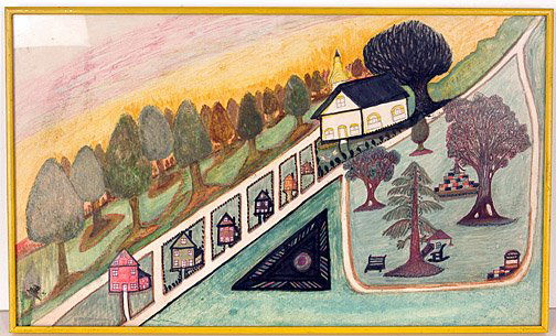 John Wright Landscape.: Landscape. Marker, pen, crayon on paper. 22" w x 13" h. Framed. Est. $100 - $200. Ship: $25