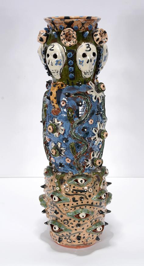 Carl Block. Five Skull Totem Jug.: Carl Block. Five Skull Totem Jug. Stamped. Multi-color glaze. Mint condition. 20"h. Est.$300-500. Ship:$65