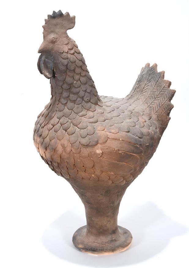 Clint Alderman. Large Rooster.: Clint Alderman. Large Rooster. 1997. Ground hog kiln fired. No glaze. Repair to gills and minor loss to feather, otherwise good to fair condition. 18"h. Est.$200-300. Ship:$75