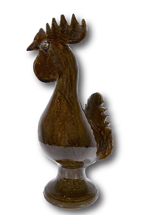 Edwin Meaders. Dark Green Rooster.: Edwin Meaders. Dark Green Rooster. Signed. Minor kiln drips and shrinkage on tail, otherwise excellent condition. 15"h. Est.$800-1,200. Ship:$75