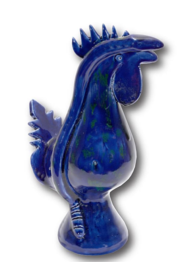 Edwin Meaders. Blue & Green Spotted Rooster: Edwin Meaders. Cobalt Blue and Green Spotted Rooster 1990. Signed and dated. Two-tone glaze. Mint condition. 15.5"h. Est.$1,000-2,000. Ship: $85