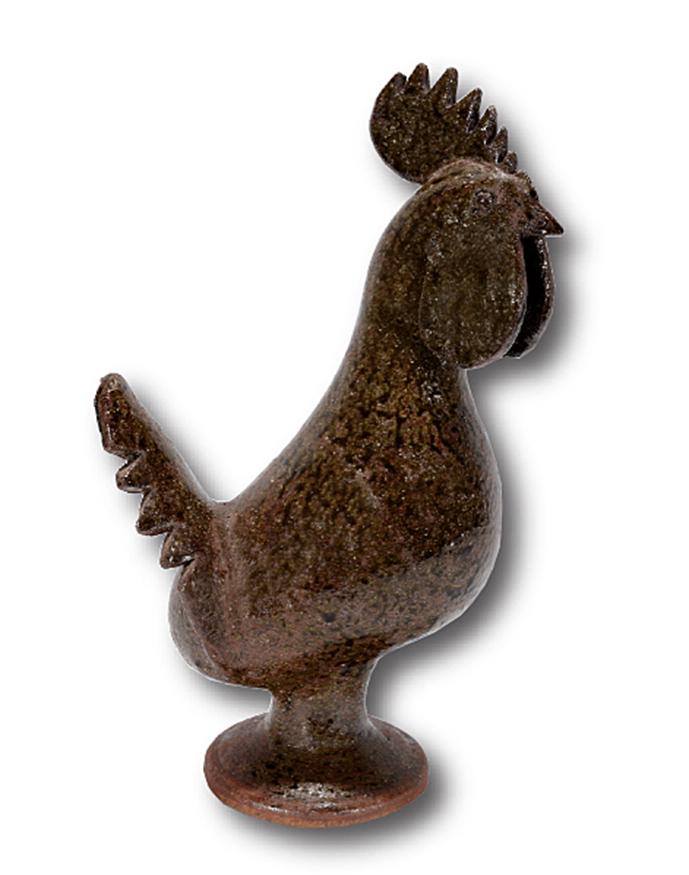 Edwin Meaders. Tobacco-Spit Green Rooster.: Edwin Meaders. Tobacco-Spit Glaze Green Rooster. Signed. Not dated. Professional repair to tail and cone, otherwise good condition. 14"h. Est.$300-500. Ship:$55