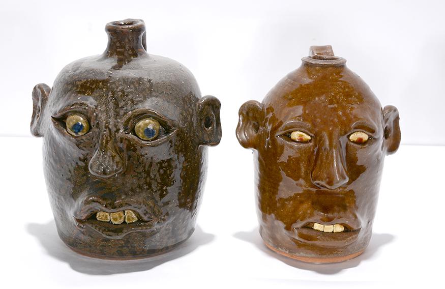 Anita Meaders & Reggie Meaders. Face Jugs.: Anita Meaders & Reggie Meaders. Pair of Face Jugs. Signed. Not dated. Mint condition. Tallest is 7.5"h. Est.$300-500. Ship:$65