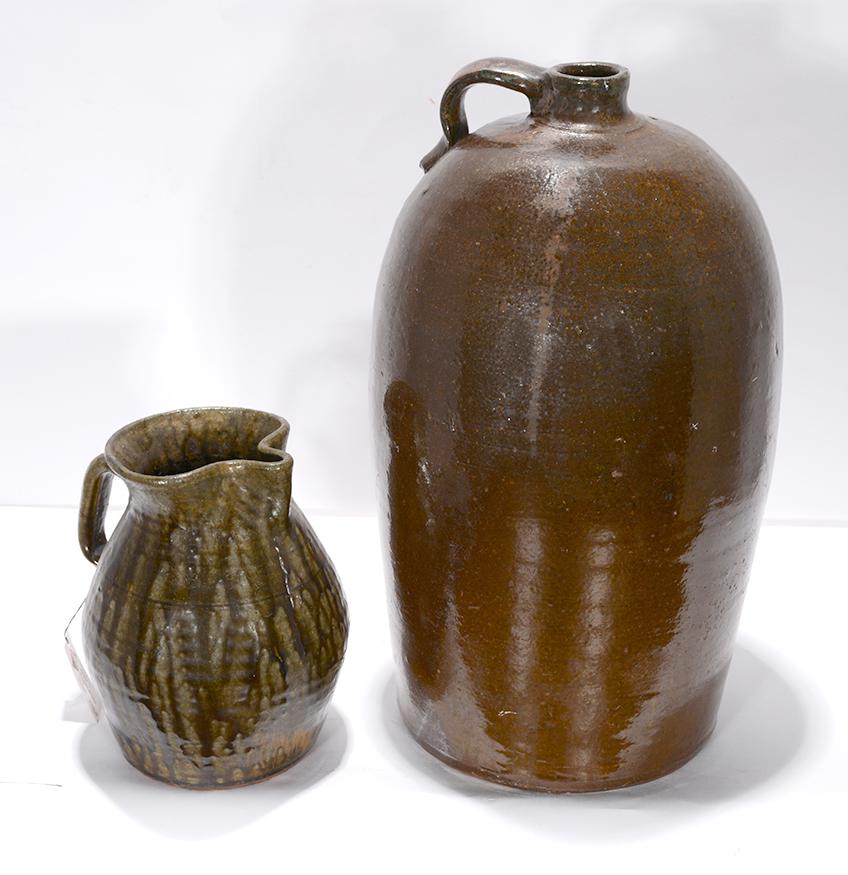 Lanier Meaders & Unknown. Pitcher & 5 Gallon Jug.: Lanier Meaders & Unknown. Pitcher and 5 Gallon Jug. Pitcher is signed and stamped and is in mint condition. The 5-gallon jug has minor hole in top, otherwise great condition. 18"h. Provenance: The Ame