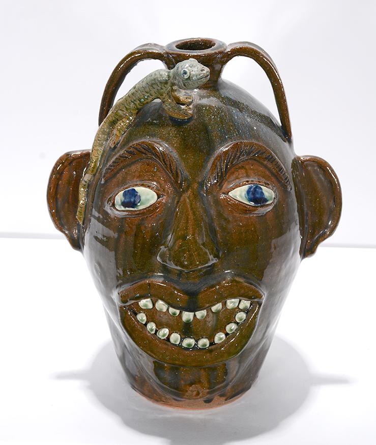 Albert Hodge. Large Face Jug With Lizard.: Albert Hodge. Large Face Jug With Lizard. Signed. Mint condition. 14"h. Est.$300-500. Ship:$65
