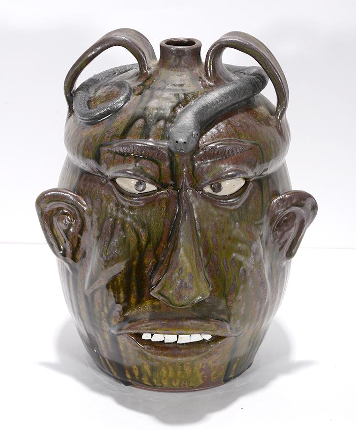 Wayne Hewell. Large Face Jug With Snake.: Wayne Hewell. Large Face Jug With Snake. 2007. Signed and dated. Mint condition. 13"h. Est.$200-300. Ship:$55