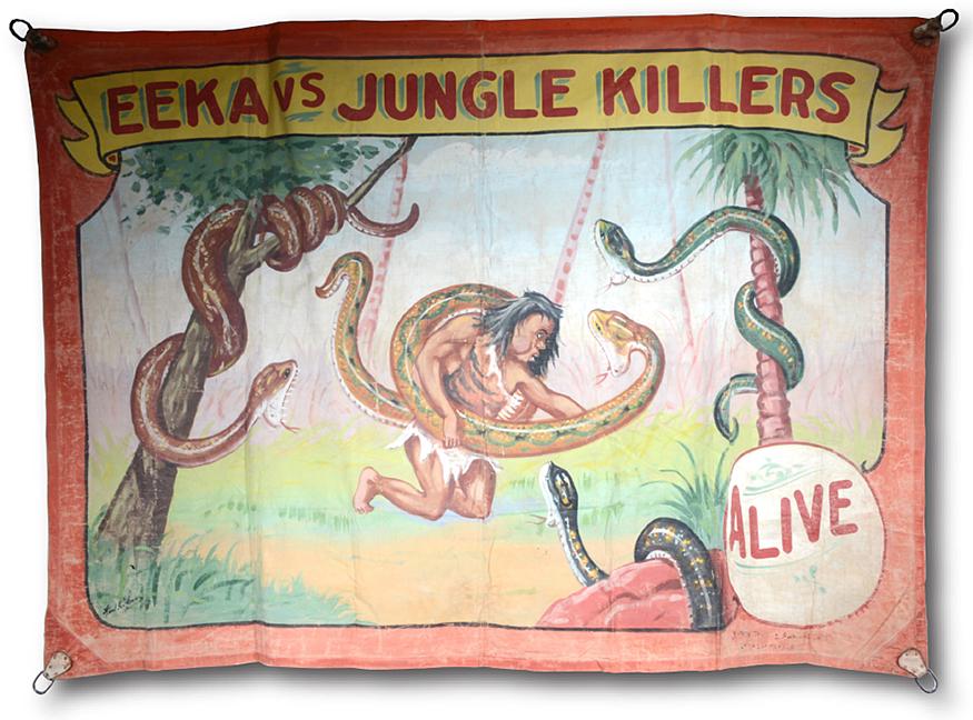 Fred Johnson. Eeka Vs. Jungle Killers Circus Banner.: Fred Johnson. Eeka Vs. Jungle Killers Circus Banner. c. 1940s. Signed. Oil on heavy canvas with original leather and metal rings. Expected wear, otherwise great condition. 111" w x 80"h. Provenance: C