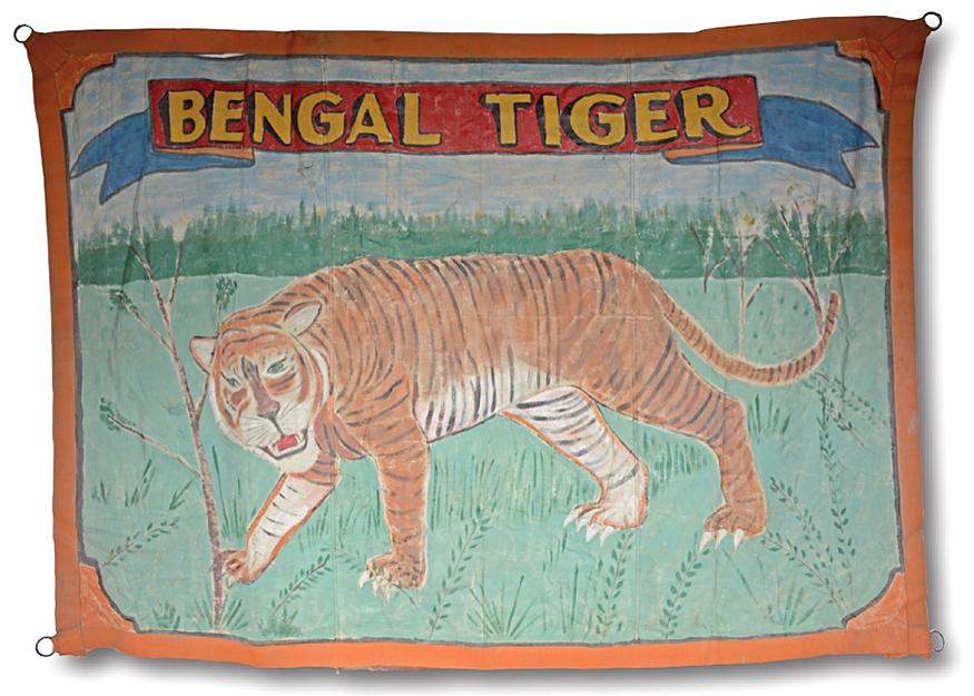 Side Show Banner. Bengal Tiger.: Side Show Banner. Bengal Tiger. c. 1940s. Not signed. Oil on heavy canvas with original metal hanging rings. Expected wear with minor tear at top, otherwise great condition. 117" w x 85"h. Est.$2,000-