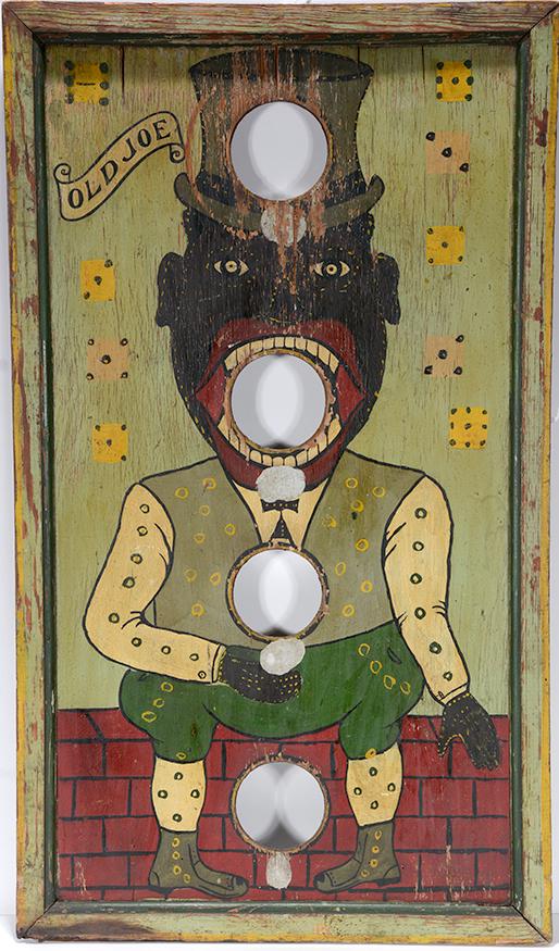 Old Joe Bag Toss Game Board.: Old Joe Bag Toss Game Board. c. first half of the 20th c. Hand-painted image on early plywood. Expected wear, otherwise very good condition. 18" w x 31"h. Est.$800-1,200. Ship:$45