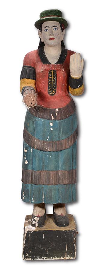 Lady Of Fashion Tobacconist Figure.: After Samuel Robb. Lady Of Fashion Tobacconist Figure. c. 1900s. Carved wood with gesso over and multi-layer paint. Expected wear and loss and weathering of wood, otherwise good condition. 67"h x 19" 