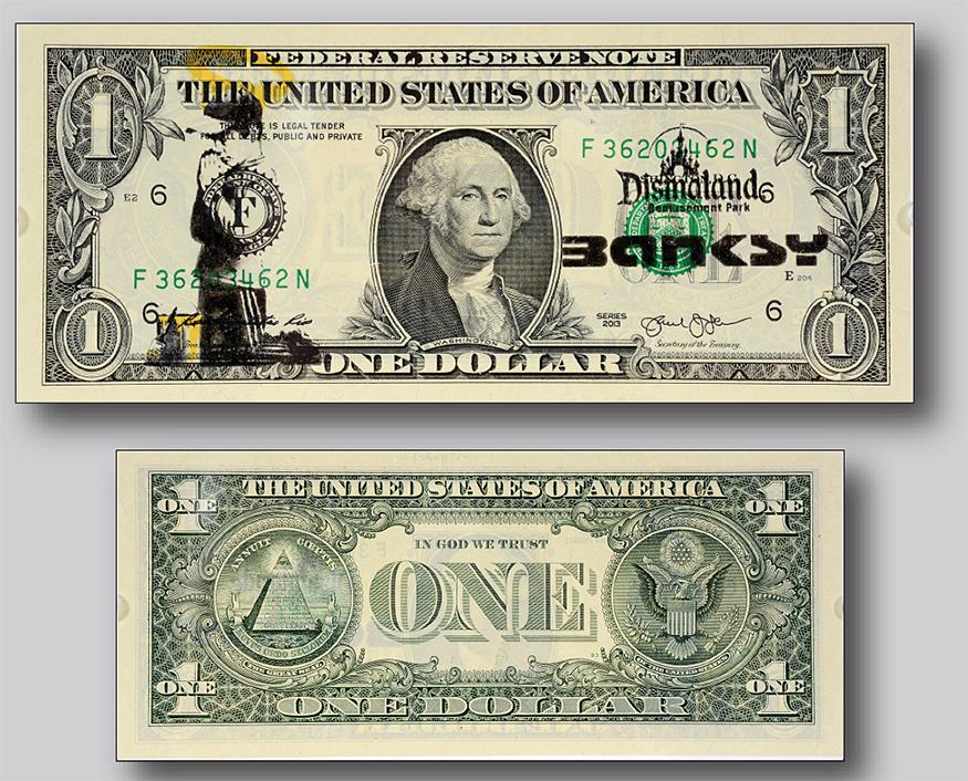 Banksy. Dismaland One Dollar Bill w Praying Boy.: Banksy. Dismaland Stenciled One Dollar Bill With Praying Boy. These were distributed during Banksy's temporary art project, titled 'Dismaland', in the seaside resort town of Weston-super-Mare in Somer