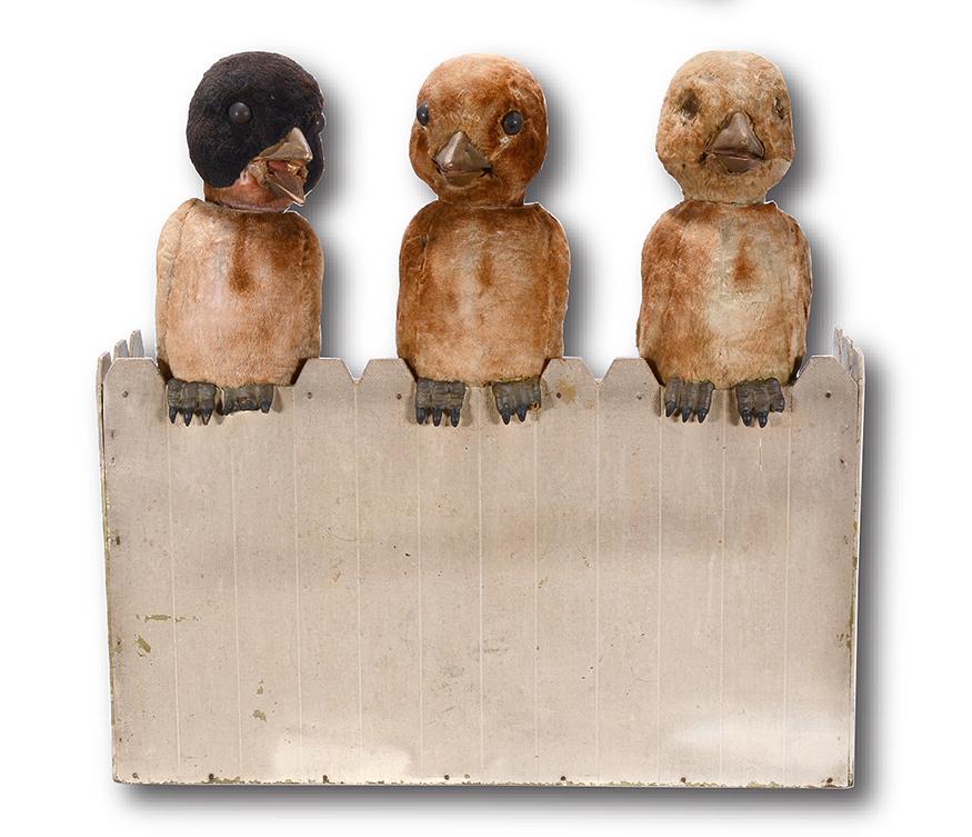 Mechanical Motorized Chirping Birds Display.: Merkle-Korff Gear. Mechanical Motorized Chirping Birds Window Display. c. 1930s. Possibly Tiffany or F.A.O. Schwartz Toy Co. window display. Felt covered birds with moving parts and glass eyes. Electr