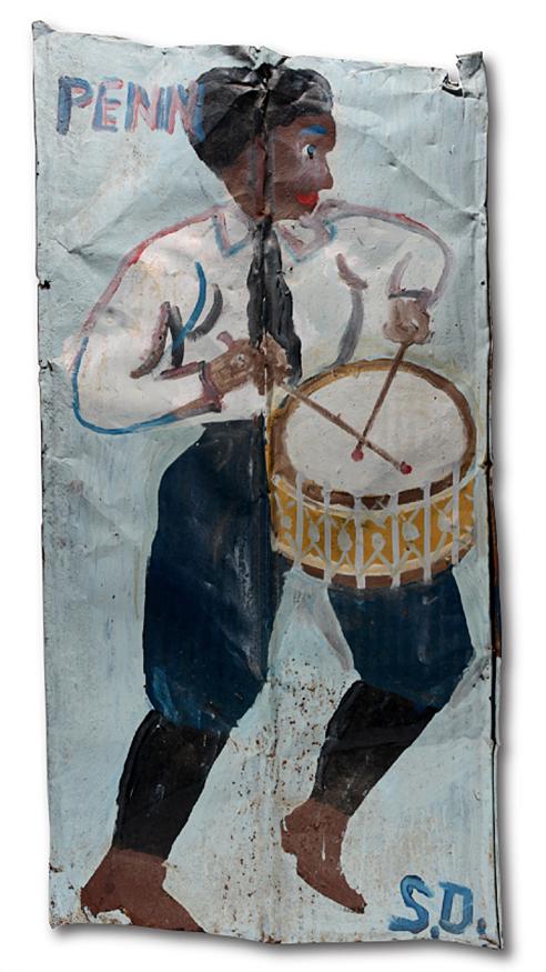 Sam Doyle. Penn Drummer Boy.: Sam Doyle. Penn Drummer Boy. Initialed and titled. Paint on found roofing tin. Some expected environmental weathering, otherwise excellent condition. 23" w 46"h. Purchased directly from Doyle's enviro
