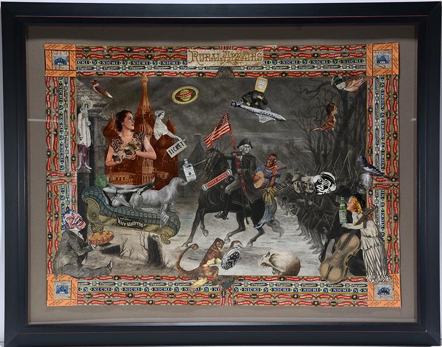 Felipe Jesus Consalvos. Rural Affairs.: Felipe Jesus Consalvos (c. 1891-1960). Rural Affairs. c. 1920-1960. Mixed media collage. 26" w x 19.5"h image. Frame is 30" w x 24". Excellent condition. Provenance: Fleisher Ollman Gallery, purchased