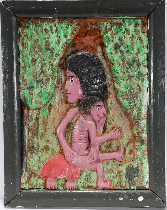Elijah Pierce. In The Jungle.: Elijah Pierce. In The Jungle. 1981. Signed and dated on verso. Carved and painted wood-relief plaque. Excellent condition. Provenance: Columbus Museum of Art (Deaccession). 14" w x 18"h. Est.$5,000-8,