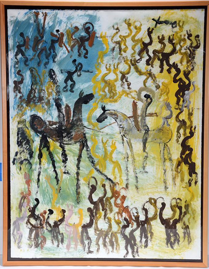 Purvis Young. 2 Warriors on Horseback Masterpiece.: Purvis Young. Two Warriors on Horseback Masterpiece. Signed. Paint on paper. Excellent condition. Image is 44.5"w x 58"h. Frame is 48"w x 62"h. Est.$3,000-5,000. Ship:$300