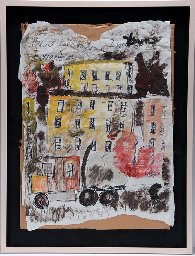 Purvis Young. Cement Truck & Building.: Purvis Young. Cement Truck In Front Of Building. Signed. Paint and marker on found paper backed to cardboard. Excellent condition. Great example. Image is 21"w x 28"h. Frame is 26"w x 34"h. Est.$3,000