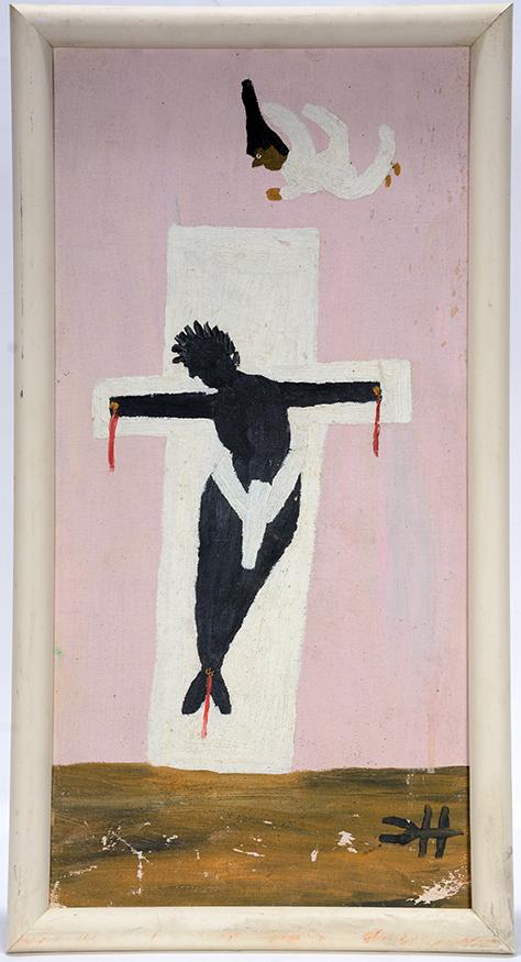 Clementine Hunter. Black Jesus With Angel.: Clementine Hunter. Black Jesus With Angel. c. 1960’s. Initialed. Paint on canvas panel. Paint rubs and some loss at bottom, otherwise good condition. Size with frame is 11.5" w x 21.5"h. Est.$3,000-