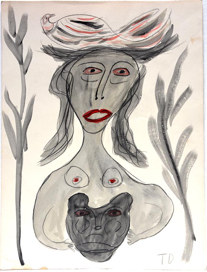 Thornton Dial. The Lady Holds The Tiger.: Thornton Dial. The Lady Holds The Tiger As Life Go On. Initialed and titled on verso. Watercolor on artist paper. Minor stain lower left, otherwise great condition. 18" w x 24"h. Est.$1,000-1,500. Shi