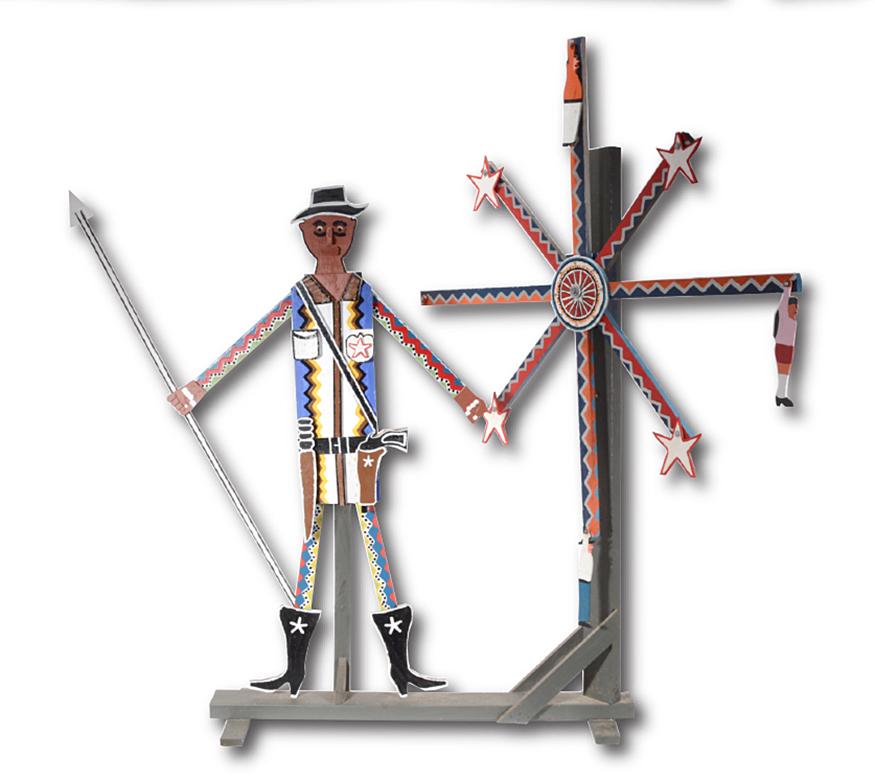 James Harold Jennings. Wild West Shootouts.: James Harold Jennings. Wild West Shootouts. Not signed. Cut out and painted wood assembled and attached to 2ft x 4ft board. Important environmental piece. Excellent condition. 63"h x 61"w x 41"d. Feat