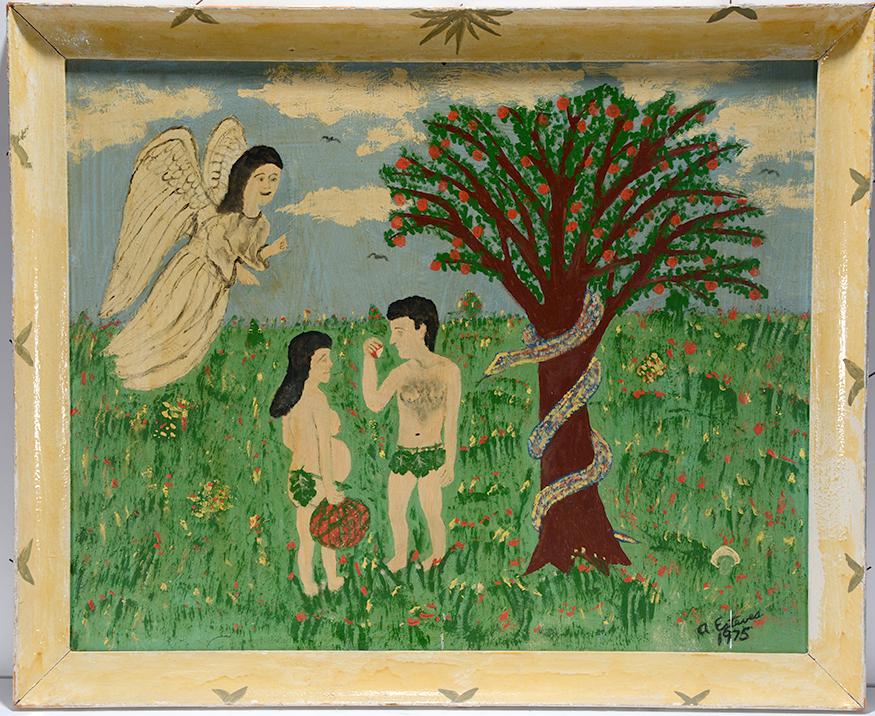 Antonio Esteves. Adam & Eve with Angel & Serpent.: Antonio Esteves. Adam and Eve with Angel and Serpent. 1975. Signed and dated. Oil and varnish on masonite with artist decorated frame. Excellent condition. 33" w x 28"h with frame. Est.$2,000-4,000. S