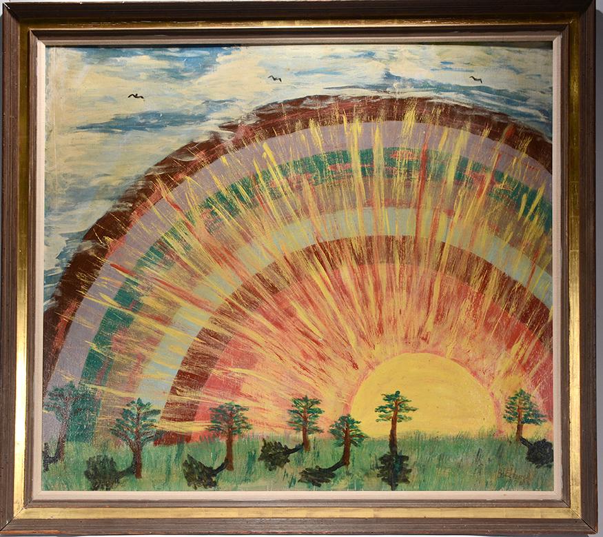 Antonio Esteves. Sunset.: Antonio Esteves. Sunset. 1974. Signed and dated. Oil on board. Excellent condition. 48"w x 48"h image. Frame is 50"x 50". Provenance: Jay Johnson, purchased on Oct. 22, 1989 for $3,500. Est.$2,000-3,0