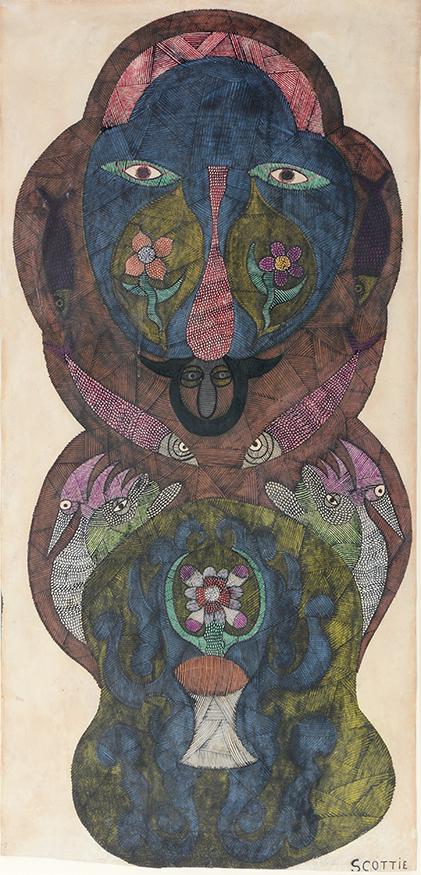 Scottie Wilson. Untitled Large Man.: Scottie Wilson. Untitled Large Man. c. 1950s. Signed. Not dated. Colored pencil and ink on paper. Excellent condition. Image is 11.5" w x 24"h. Frame is 18" w x 31"h. Provenance: Henry Boxer Gallery.