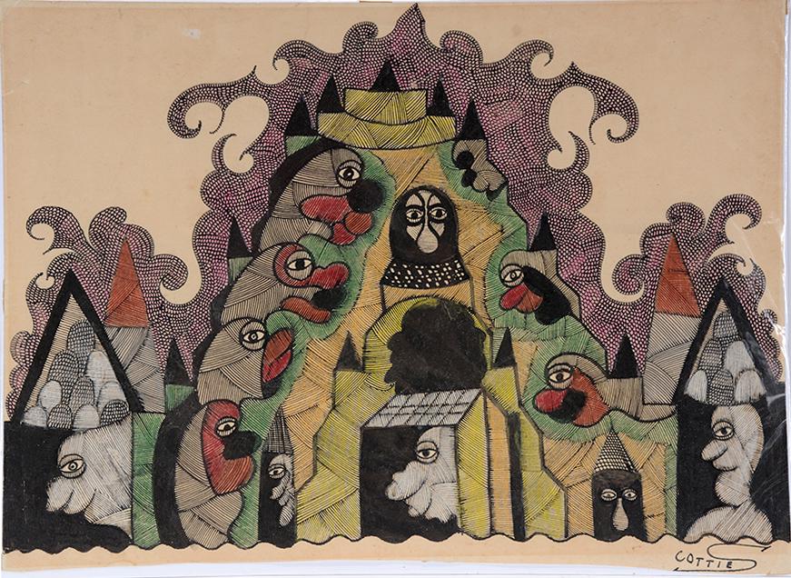 Scottie Wilson. Multi-Faces Castle.: Scottie Wilson. Multi-Faces Castle. Signed. Not dated. Ink on paper. Excellent condition. 15" w x 11"h. Est.$1,000-2,000. Ship:$35