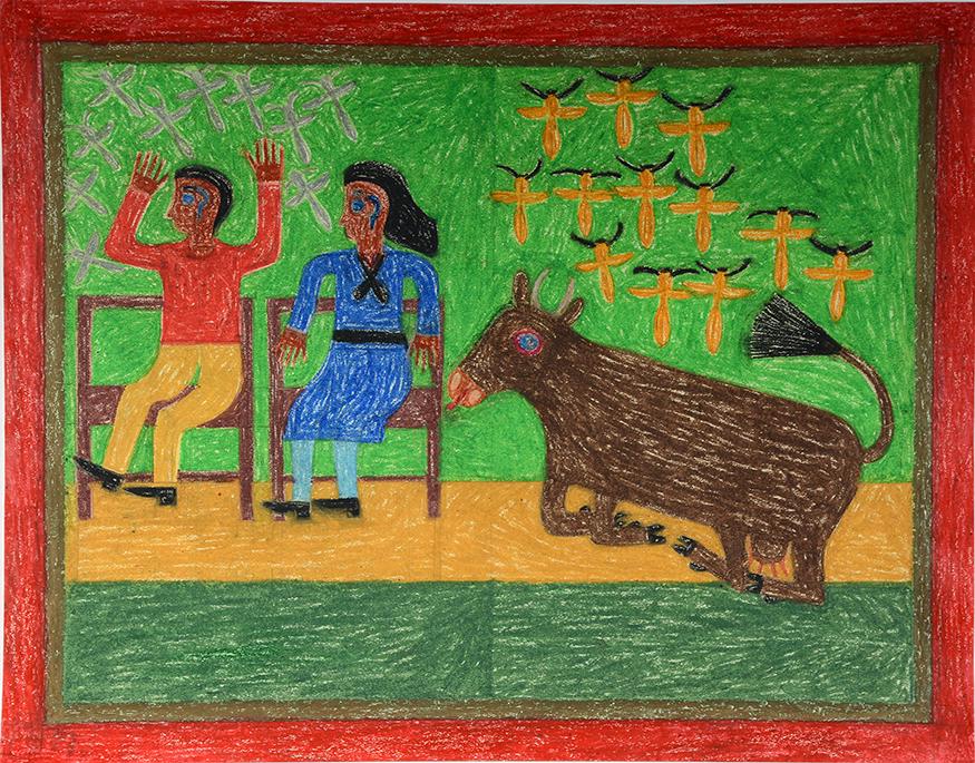 Eddie Arning. Shoo Fly.: Eddie Arning. Shoo Fly. Not signed. Craypas on large artist paper. Excellent condition. Image is 28" w x 22"h. Frame is 39" w x 33"h. Est.$3,000-4,000. Ship:$125