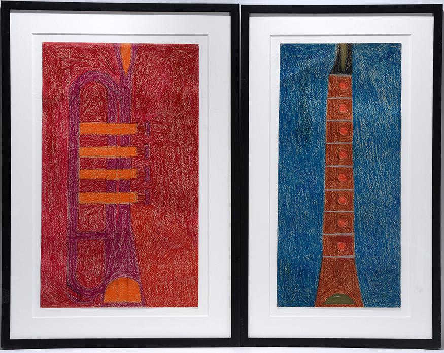 Eddie Arning. Trumpet & Clarinet.: Eddie Arning. Trumpet, #357 & Clarinet, #278. Craypas and crayon on paper. Excellent condition. Each image is 14"w x 24"h. Each frame is 21"w x 31"h Est.$2,000-3,000. Ship:$85