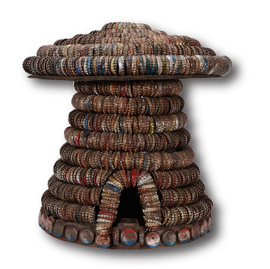 Clarence Woolsey. Bottlecap Mushroom Bird House.: Clarence Woolsey. Bottlecap Mushroom Bird House. Not signed. Bottlecap and metal and wooden construction. Excellent construction. 14" x 15" diameter. Est.$1,000-2,000. Est.$85