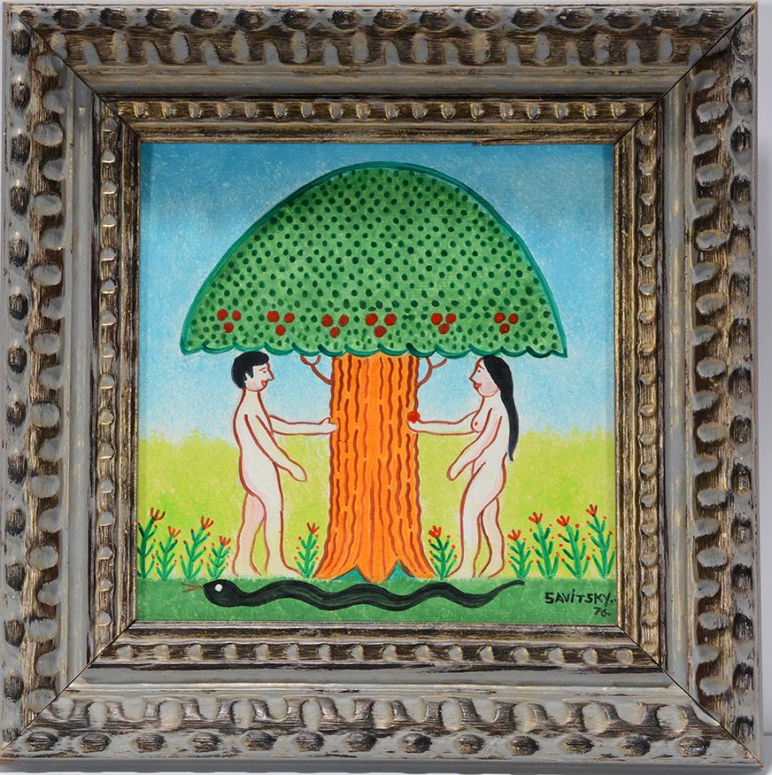 Jack Savitsky. Adam and Eve.: Jack Savitsky. Adam and Eve. 1976. Signed and dated. Oil on board. Image is 9.5" w x 9.5"h. Frame is 13" x 13". Excellent condition. Est.$800-1,200. Ship:$35