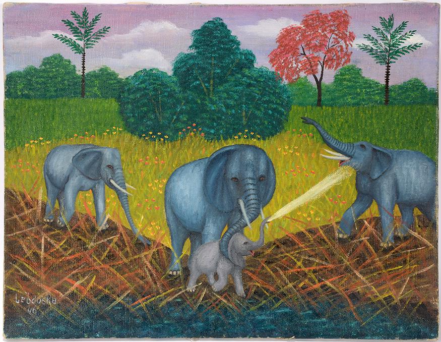 Lawrence Lebduska. Mother & Baby Elephants.: Lawrence Lebduska. Mother and Baby Elephants. 1946. Signed and dated. Oil on canvas. Excellent condition. 18" w x 14"h. Est.$800-1,200. Ship:$35
