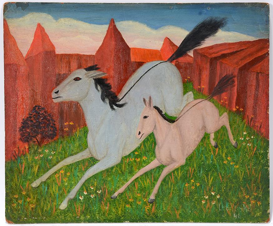Lawrence Lebduska. Pair Of Mules.: Lawrence Lebduska. Pair Of Mules. 1946. Signed and dated. Oil on masonite. Minor wear on edge, otherwise great condition. 15" w x 12"h. Est.$400-600. Ship:$35