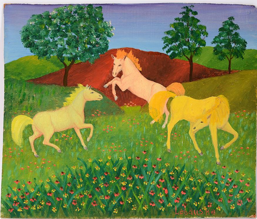 Lawrence Lebduska. 3 Horses In Field.: Lawrence Lebduska. Three Horses In Grassy Field. Signed. Not dated. Oil on masonite. Wear on corner, otherwise great condition. 14" w x 12"h. Est.$400-600. Ship:$35
