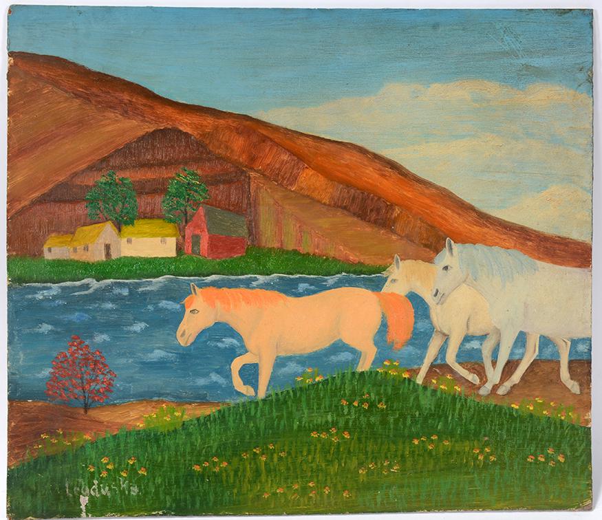 Lawrence Lebduska. Horses At Mountain River.: Lawrence Lebduska. Horses At Mountain River. Signed. Not dated. Oil on masonite. Minor rub, lower left, otherwise good condition. 15" w x 13"h. Est.$400-600. Ship:$35