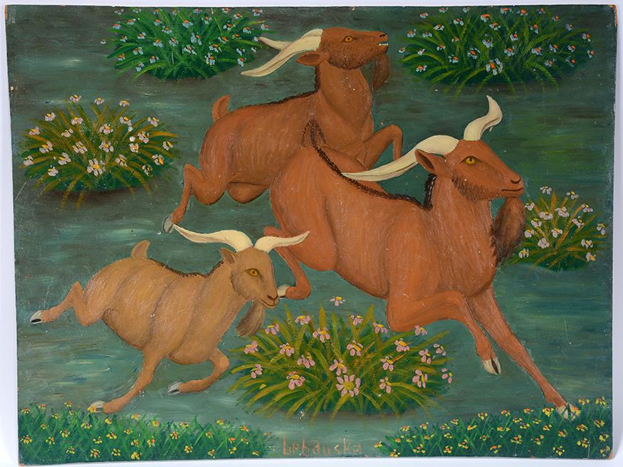 Lawrence Lebduska. Running Goats.: Lawrence Lebduska. Running Goats. Signed. Not dated. Oil on found masonite. Great condition. 23"w x 18"h. Est.$500-800. Ship:$45