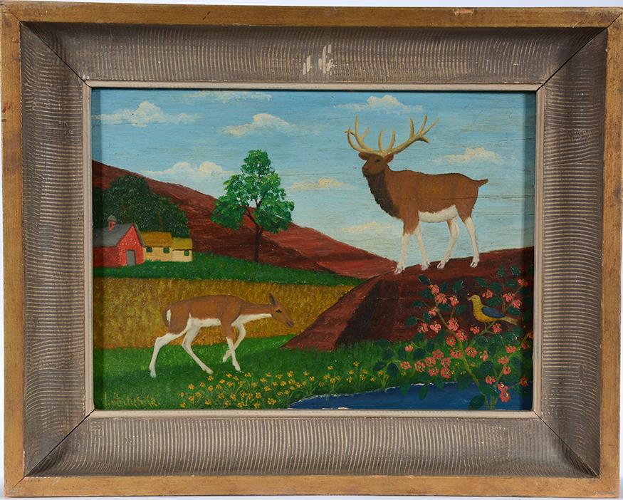 Lawrence Lebduska. Elk In Early Fall.: Lawrence Lebduska. Elk In Early Fall. Not dated. Signed. Oil on board. Great condition. 17" w x 13"h with frame. Est.$500-800. Ship:$45
