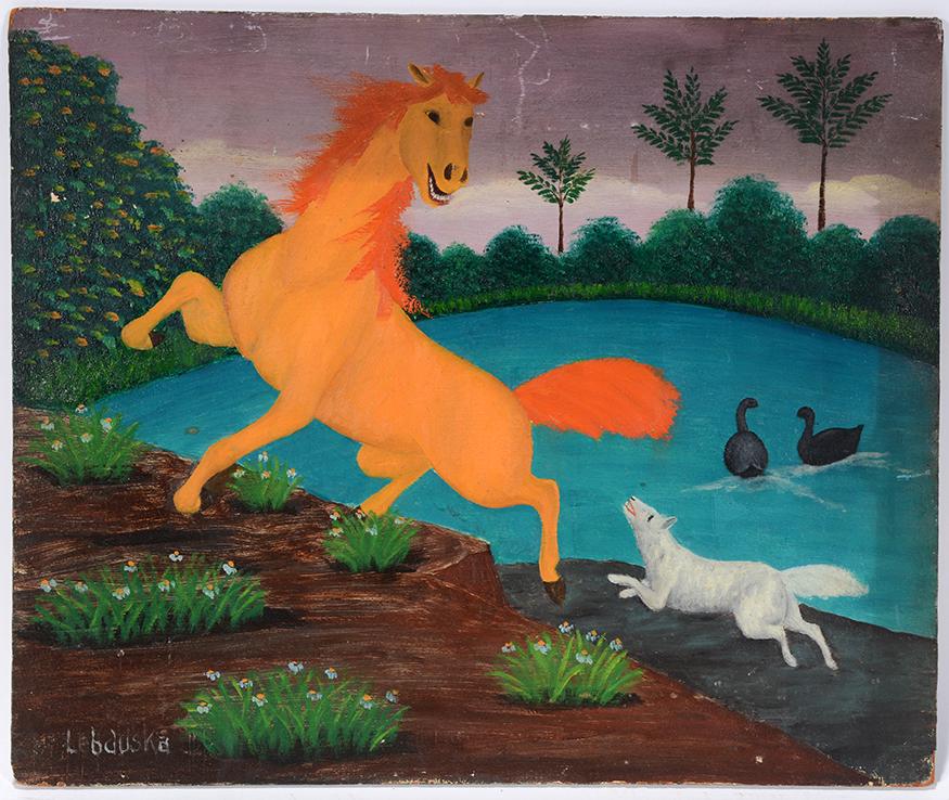Lawrence Lebduska. White Wolf Attacks Mare.: Lawrence Lebduska. Lone White Wolf Attracks Golden Mare. Signed. Not dated. Oil on masonite. Minor paint rubs, otherwise fair condition. 15" w x 12"h. Est.$300-500. Ship:$35
