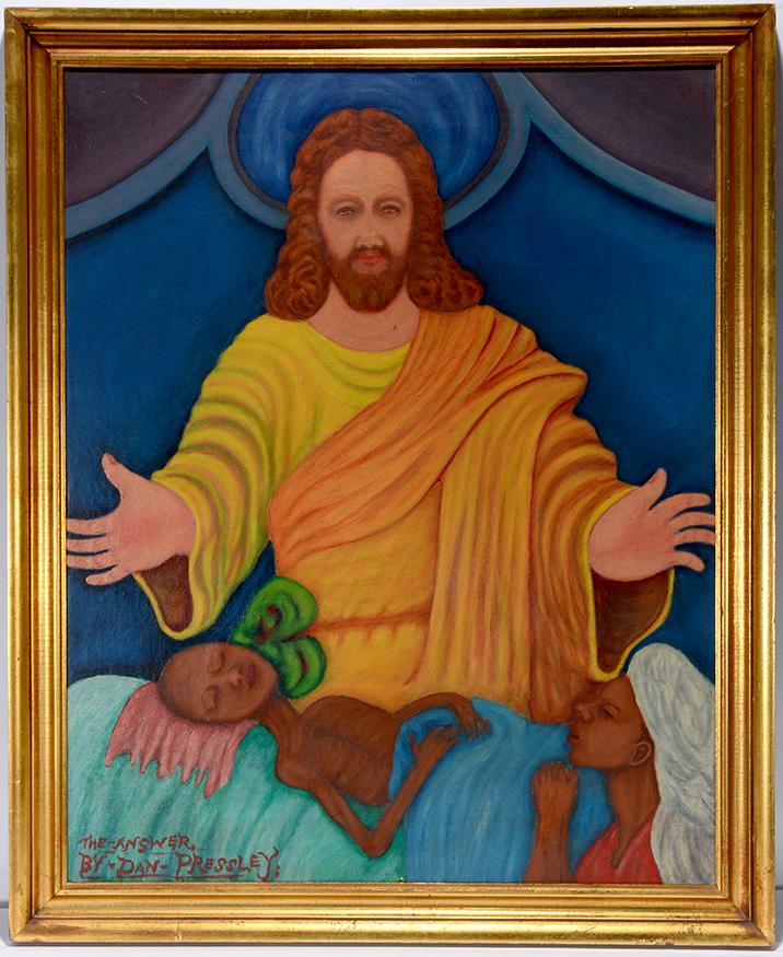 Daniel Pressley. The Answer.: Daniel Pressley. The Answer. Signed and titled. Oil on canvas panel. Excellent condition. 27" w x 33"h with frame. Est.$1,000-2,000. Ship:$85