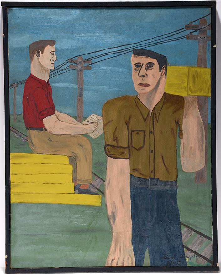 Earl L. Snyder. Line-Men.: Earl L. Snyder. Line-Men. 1947. Signed, dated and titled. Oil on canvas. Excellent condition. 23" w x 27"h with frame. Est.$1,000-3,000. Ship:$65. In 1947, Earl Snyder, an architecture student at Indi