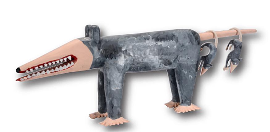 Minnie & Garland Adkins. Large Possum & Babies.: Minnie and Garland Adkins. Large Possum and Babies. 1993. Signed and dated. Carved and painted wood. Missing one tooth and wood split on nose, otherwise great condition. 42"long x 13" x 6.5". Est.$800